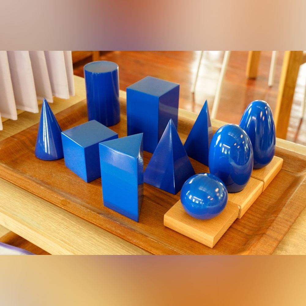 Wooden Montessori Geometric Solids with Stand, Bases, and Box with Lid